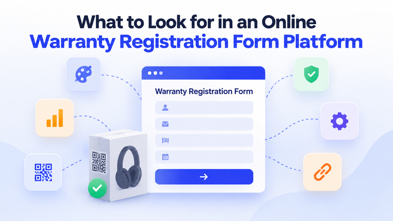 Warranty registration form surrounded by QR code, analytics, security, and integration icons