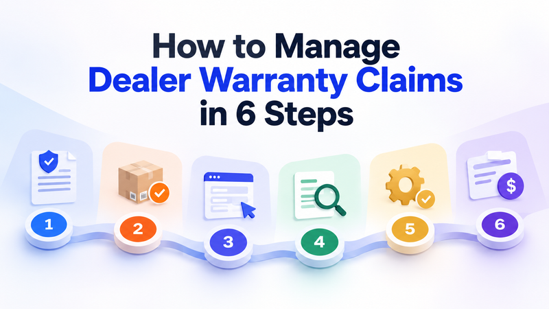 Six-step dealer warranty claims diagram showing policy, registration, submission, validation, authorization, and reimbursement.