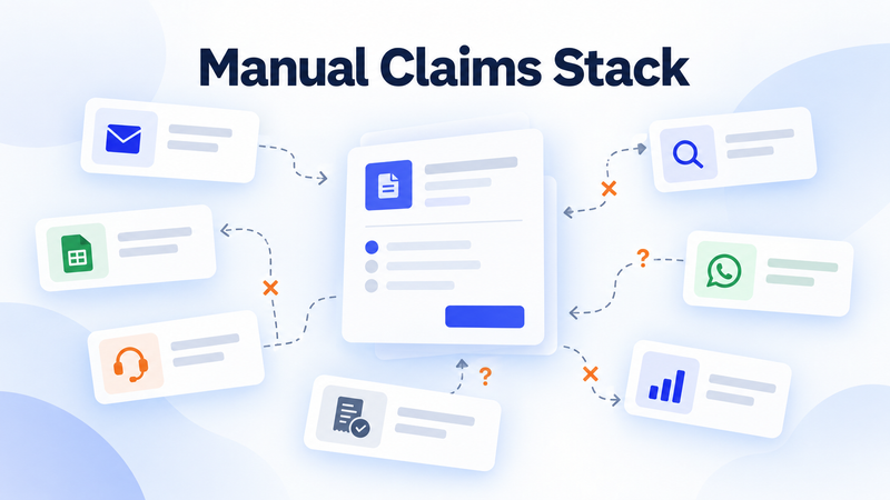 Manual warranty claims stack showing disconnected email, spreadsheets, support, search, and reporting.