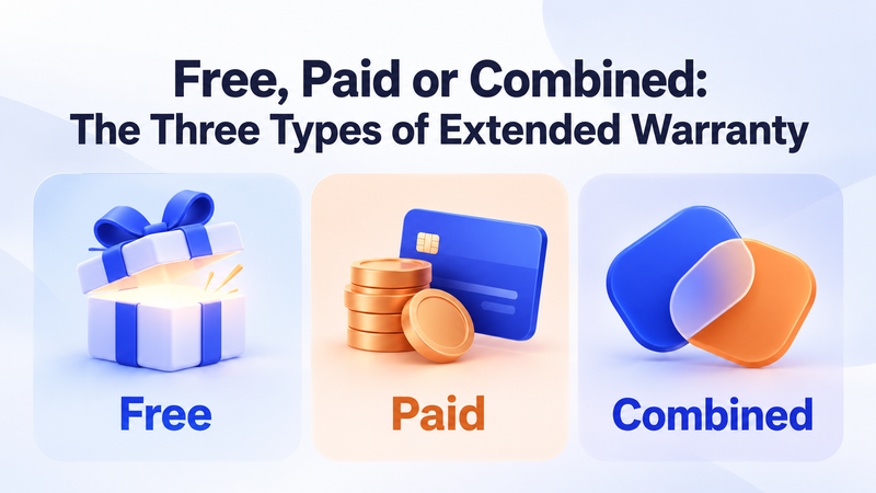 Three illustrated panels show free gifts, paid plans, and combined warranty coverage.