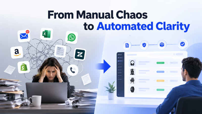 Manual warranty claim chaos transforming into one organized automated management dashboard system.