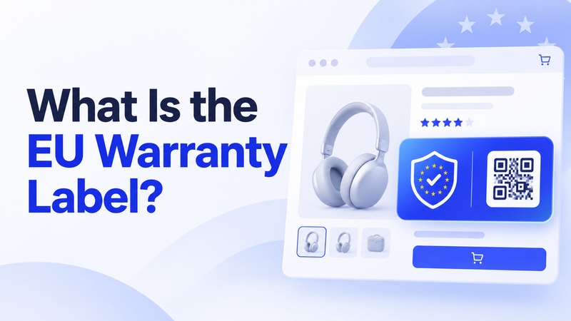 EU warranty label displayed on Shopify product page with QR code and shield.