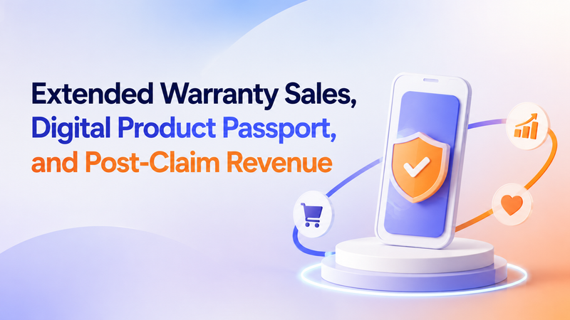 Extended warranty sales visual with smartphone, protection shield, shopping, growth, and loyalty icons.