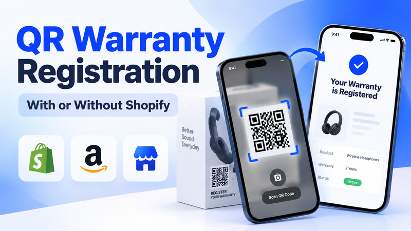 Shopify, Amazon, and retail icons beside QR scanning and registered headphone warranty.