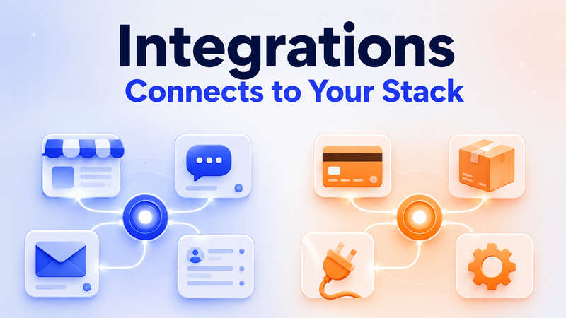 Integrations graphic showing ecommerce, messaging, payments, shipping, email, and automation platform connections.