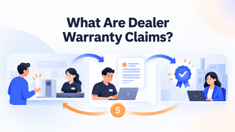 Illustration showing customer appliance fault, dealer warranty claim submission, manufacturer approval, and reimbursement.