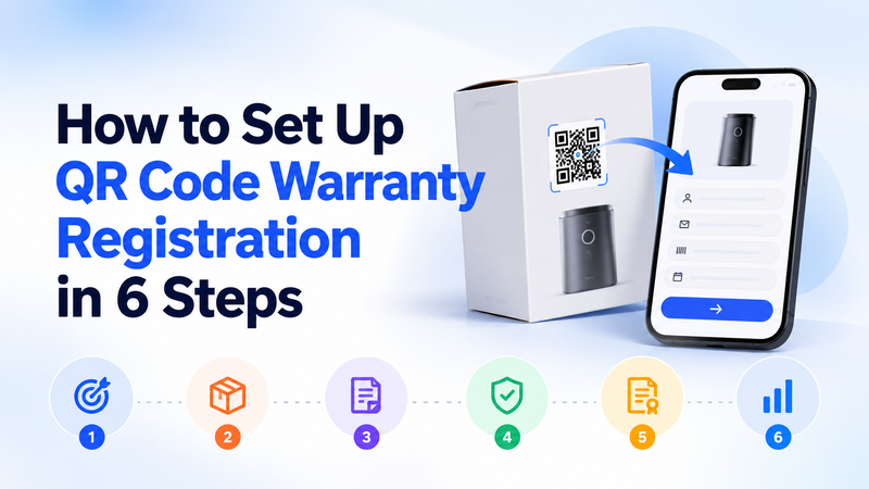 Six warranty registration setup steps illustrated with QR packaging, phone, and icons.