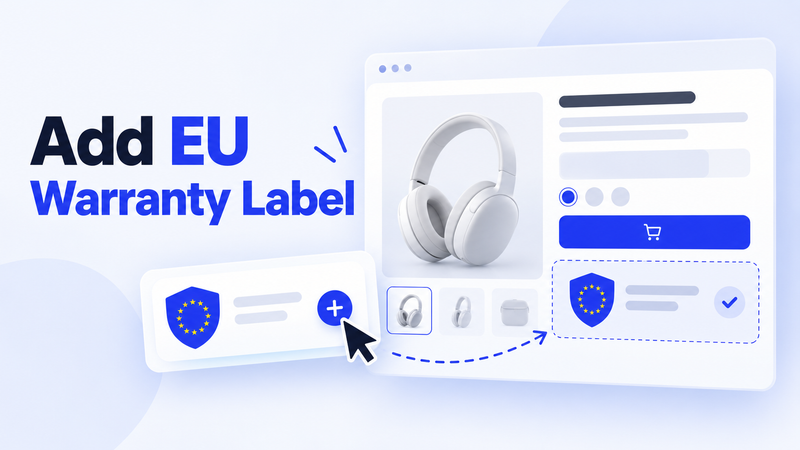 1. EU warranty label being added to Shopify product page with compliance badge.