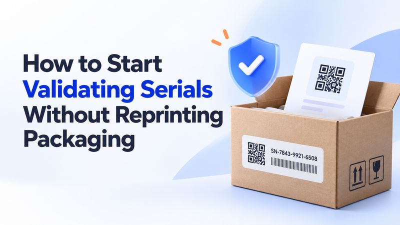 Serial validation packaging graphic showing open cardboard box, QR labels, and shield.