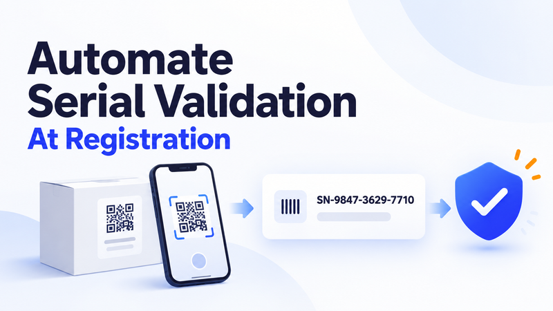 Automated serial validation graphic showing QR scan, serial number, and approval shield.