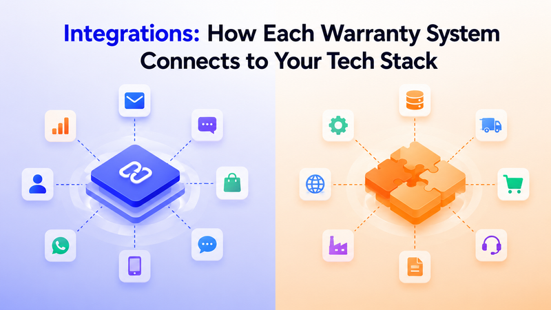 Warranty system integrations illustrated with connected marketing, ecommerce, logistics, support, and data icons.