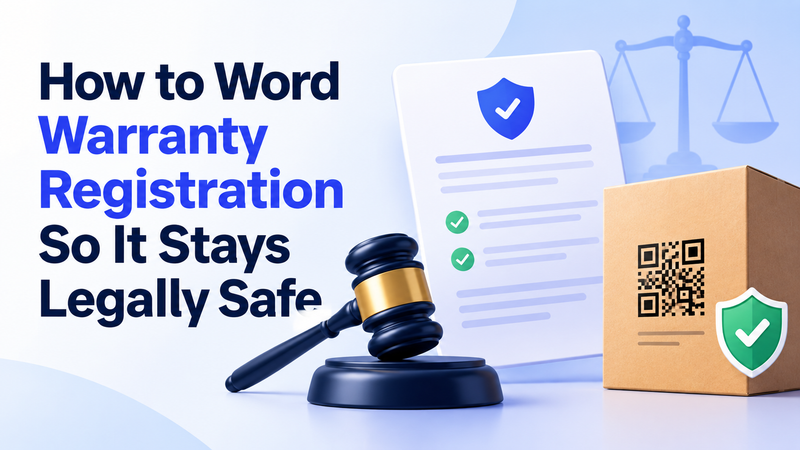 Warranty registration legal guidance illustrated with a gavel, document, and QR packaging.