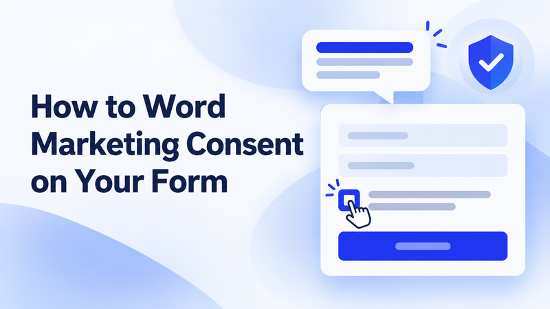 Marketing consent form with highlighted checkbox, cursor, and blue compliance shield icon.