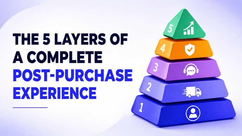 Five-layer post-purchase experience pyramid showing customer, delivery, support, warranty, and growth stages.