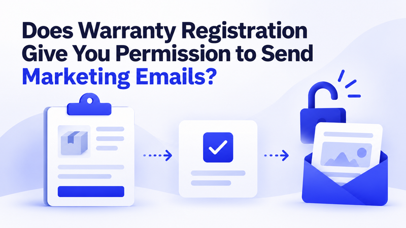 Warranty registration clipboard, consent checkbox, unlocked padlock, and promotional email envelope graphic.