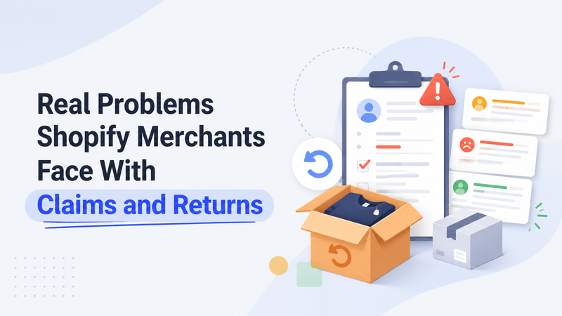 Shopify claims problems banner with return boxes, alerts, and customer cards