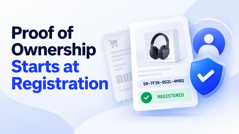 Proof of ownership registration graphic with headphones, customer icon, and verification shield.