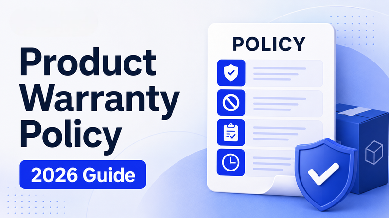 Product warranty policy thumbnail showing checklist, coverage icons, shield, and package
