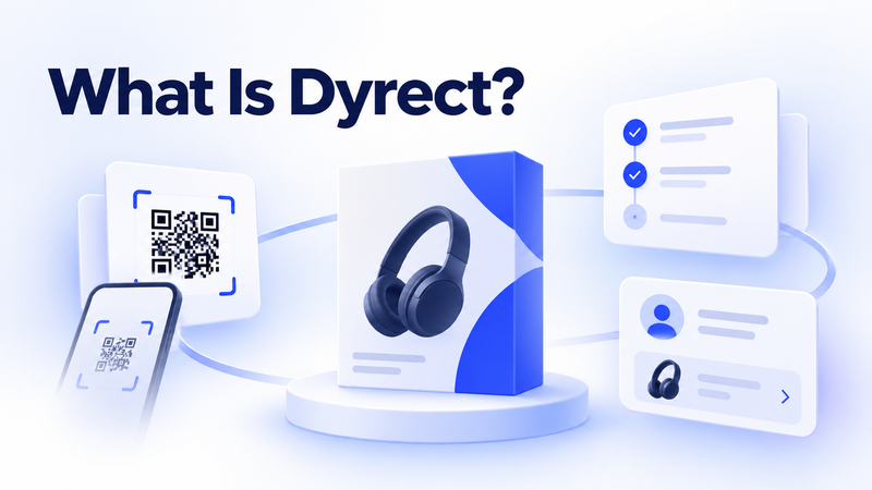 Dyrect warranty platform showing QR registration, product records, and structured claim tracking.