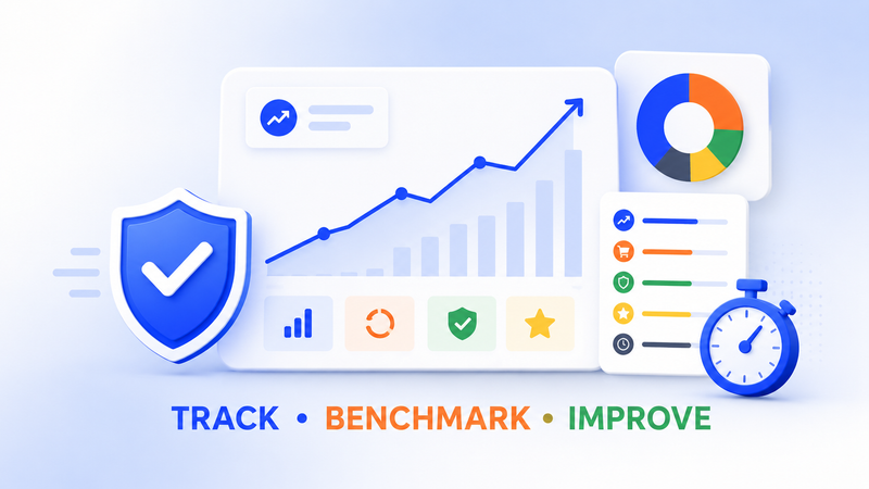 Warranty analytics dashboard with growth charts, performance metrics, security shield, benchmarking, and improvement indicators