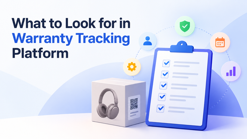 Warranty tracking feature checklist with product packaging, QR code, and connected icons.