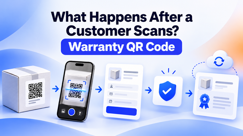 Product QR code scanned by phone, followed by registration and warranty verification.