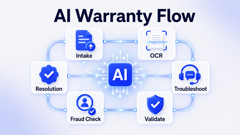 AI warranty workflow connects intake, OCR, troubleshooting, validation, fraud checks, and claim resolution seamlessly.