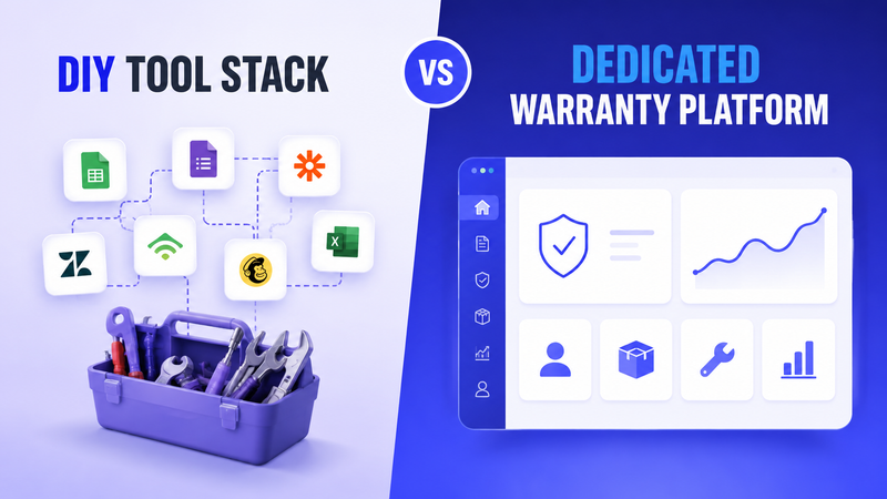 DIY tool stack versus dedicated warranty platform comparison with connected software dashboard.
