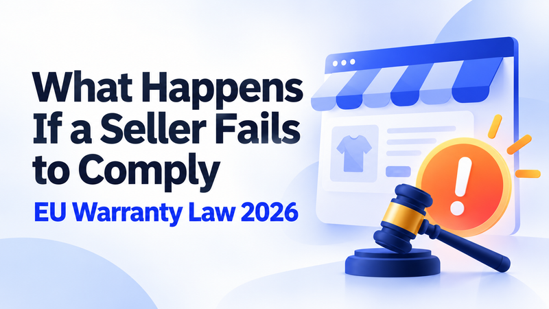 1. EU warranty compliance failure graphic with online store, warning symbol, and gavel.