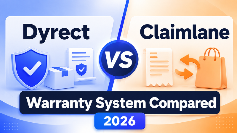 Dyrect and Claimlane warranty systems compared with shield, package, receipt, and returns visuals.