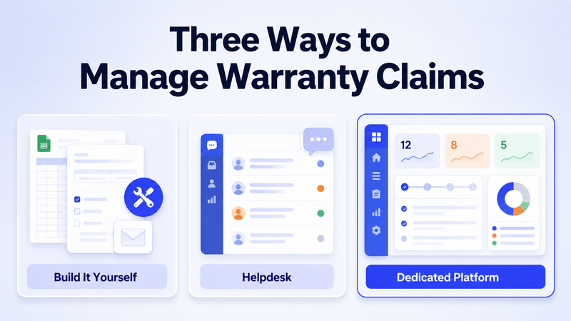Three warranty management options compared: DIY setup, helpdesk, and dedicated platform software.