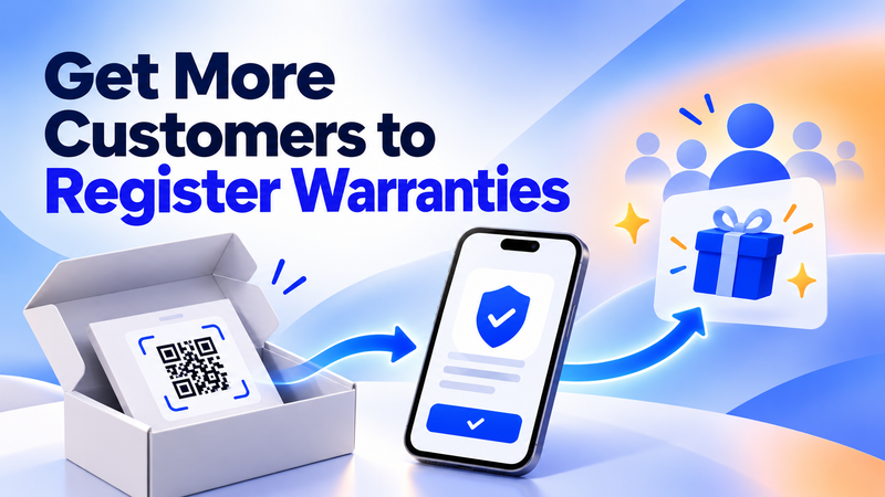 Open product box with QR code, registration phone, gift, and customer icons.