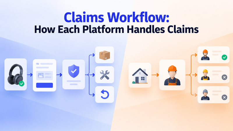 Claims workflow showing product warranty resolution and contractor dispatch processes side by side.