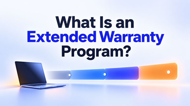 Extended warranty program title above laptop and a multicolored horizontal timeline graphic.