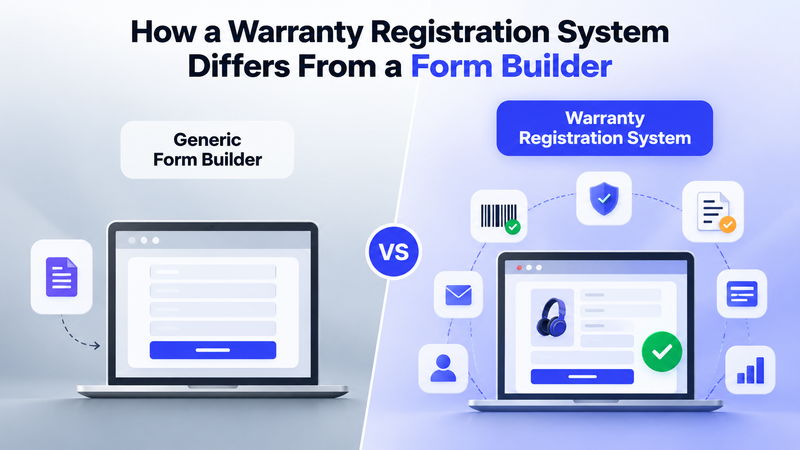 Generic form builder compared with warranty registration system featuring verification and integrations.