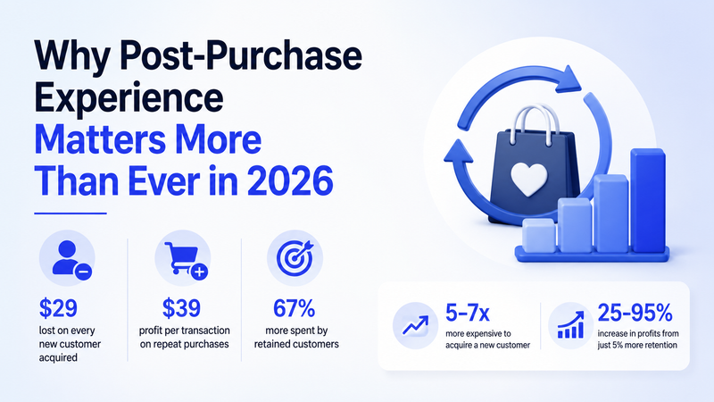 Post-purchase retention graphic with shopping bag, growth bars, and customer value statistics.