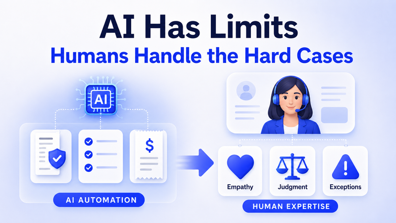 AI handles routine claims while human agents manage empathy, judgment, exceptions, and complex cases.