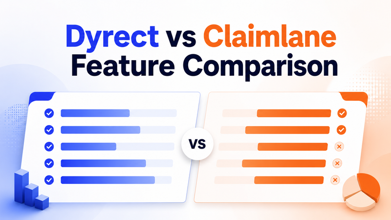 Dyrect versus Claimlane feature comparison shown with side-by-side checklists and performance bars.