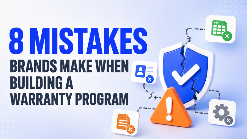 Eight warranty program mistakes graphic with cracked shield, warning, and disconnected tools.