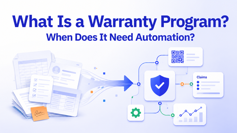 Warranty program automation graphic showing paperwork transforming into connected claims and analytics system.