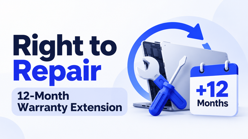 Right to Repair graphic showing laptop tools and twelve-month warranty extension calendar.