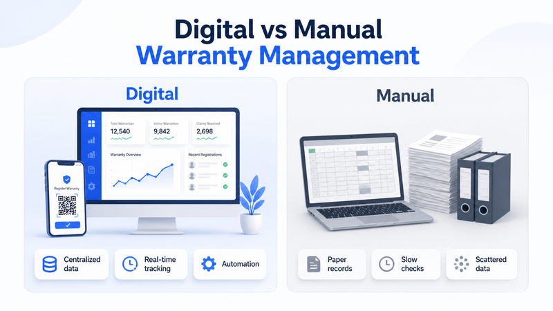 Digital and manual warranty management comparison with dashboard and paper records