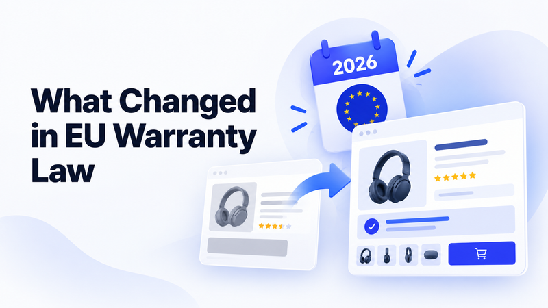 EU warranty law changes shown with 2026 calendar and ecommerce product pages.