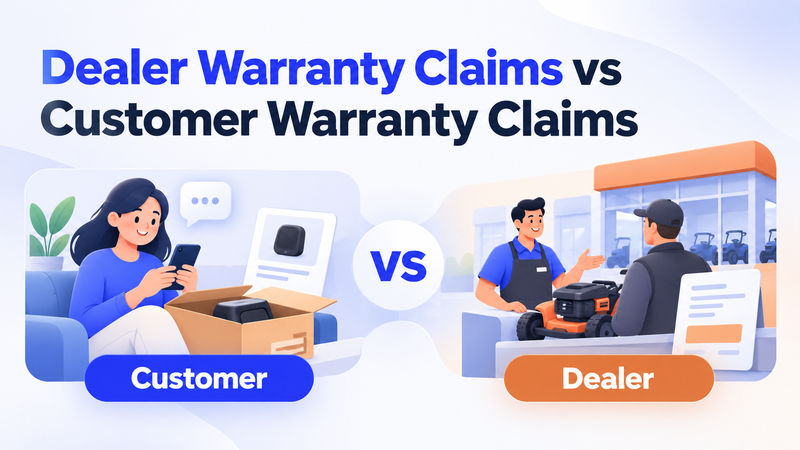 Illustration comparing customer warranty claims by phone with dealer claims for lawnmowers.