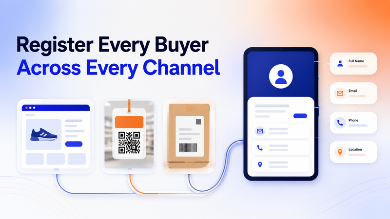 Omnichannel buyer registration visual with website, QR code, package, and customer profile.