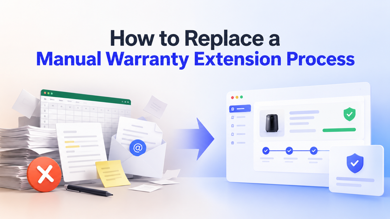Paperwork, spreadsheets, and email documents transition into an automated extended warranty management dashboard.