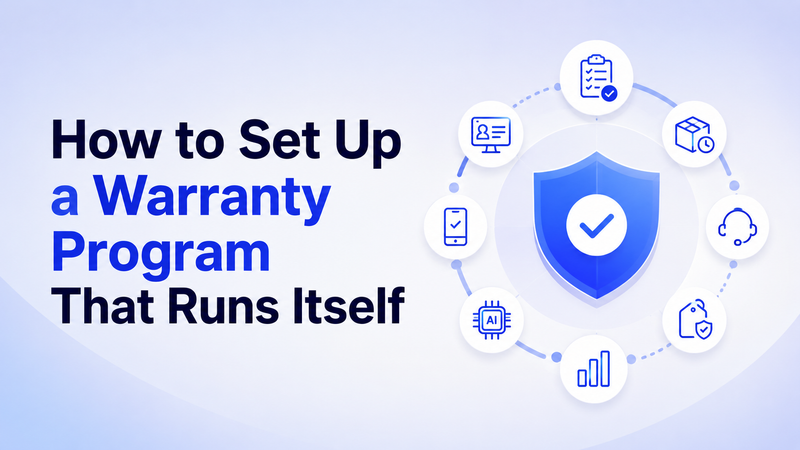 Warranty program setup graphic with shield surrounded by automated service workflow icons.