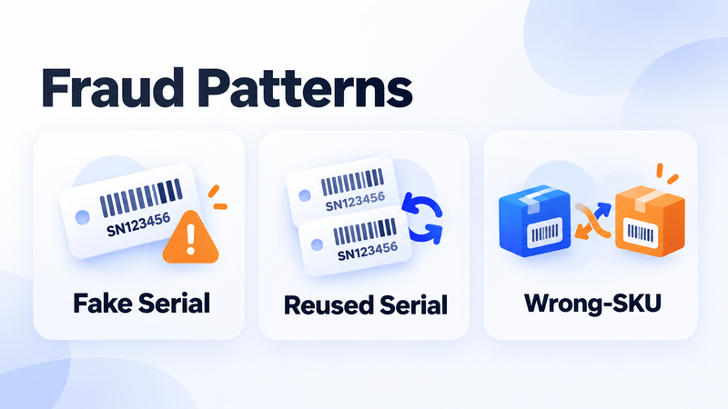 Fraud patterns illustration showing fake serial, reused serial, and wrong-SKU product labels.