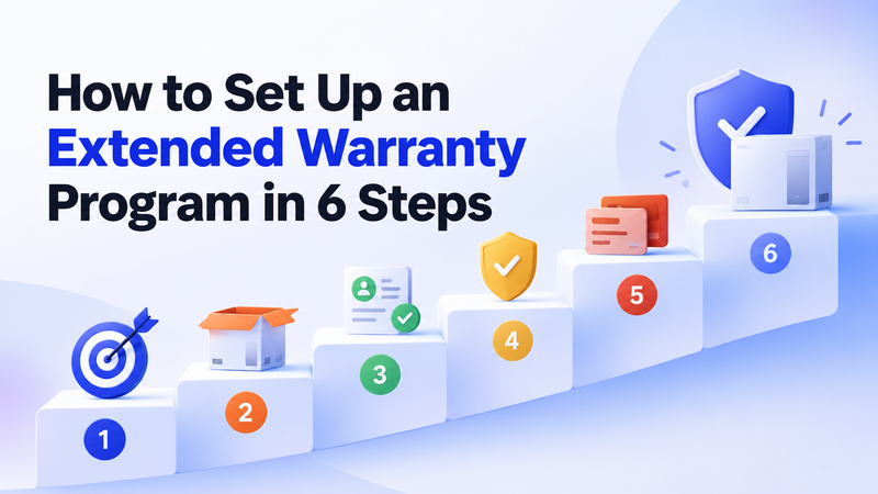 Six rising steps show a target, product box, registration, and warranty protection.