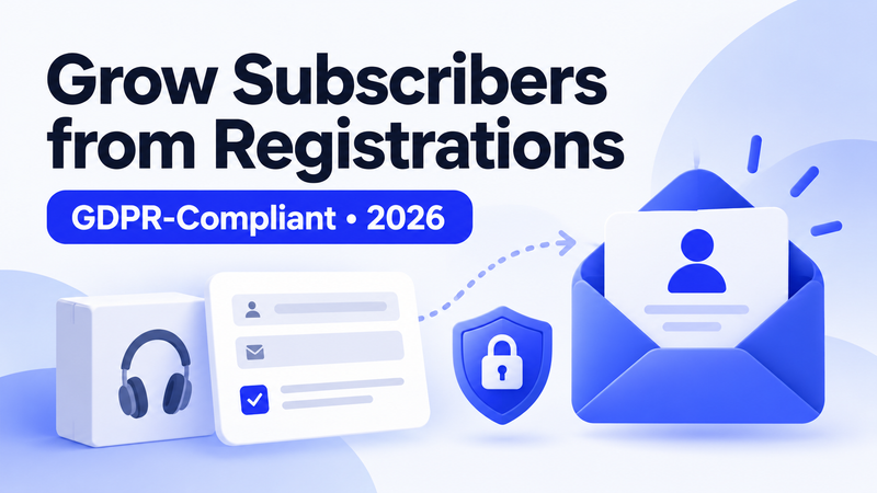 Headphone packaging, registration form, privacy shield, and envelope illustrating email subscriber growth.